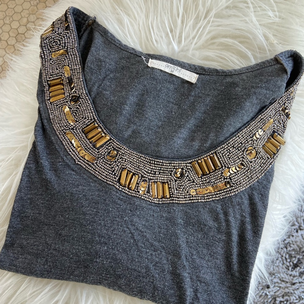 Elegant Grey Long Sleeve Beaded Top